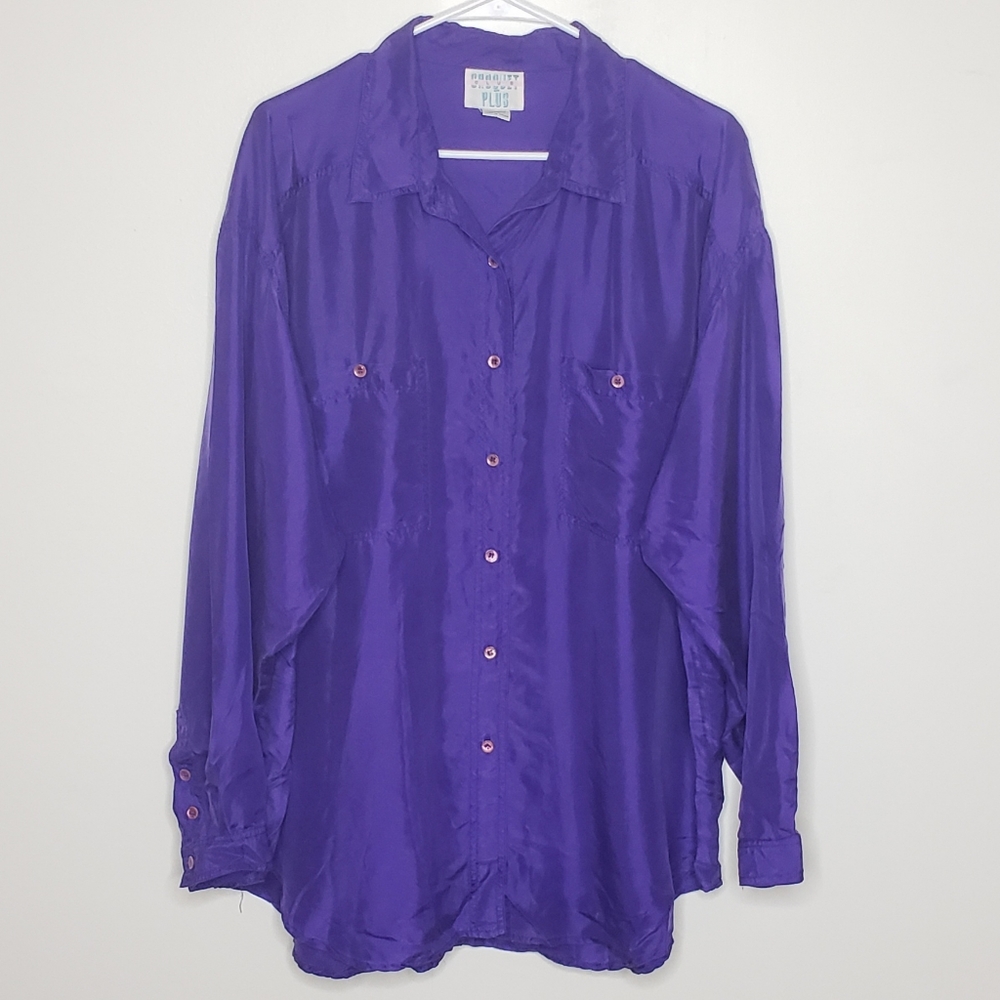 Vintage Blouse Size 22 24 Washable Silk Purple Long Sleeve Oversized
